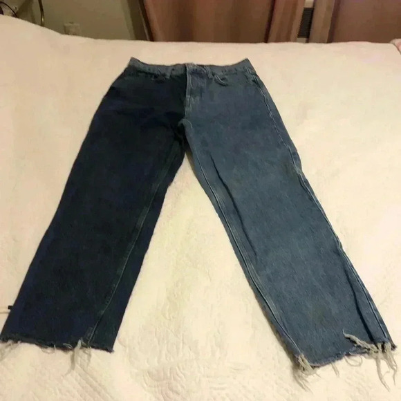 BDG Pax high rise jeans with button close. Each leg is a different color blue - Picture 1 of 7